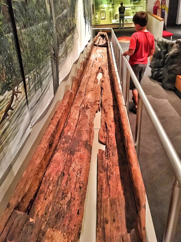 The exhibit is capped off with this 200 year-old dugout canoe, made 