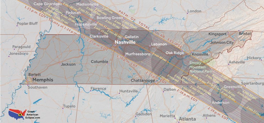 Eclipse Path of Totality in Tennessee Map