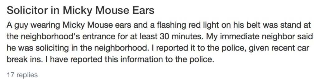 Mickey Mouse Ears Sighting on NextDoor. Police called.